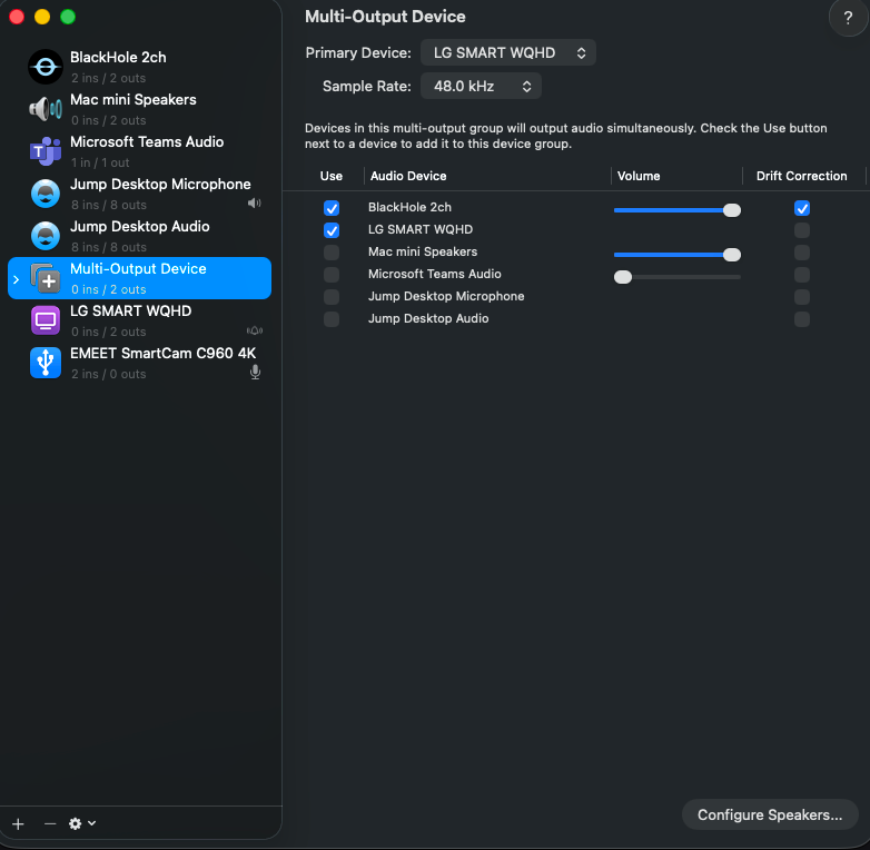 Audio MIDI Setup showing BlackHole 2ch and LG SMART WQHD in a Multi-Output Device, with BlackHole drift correction enabled