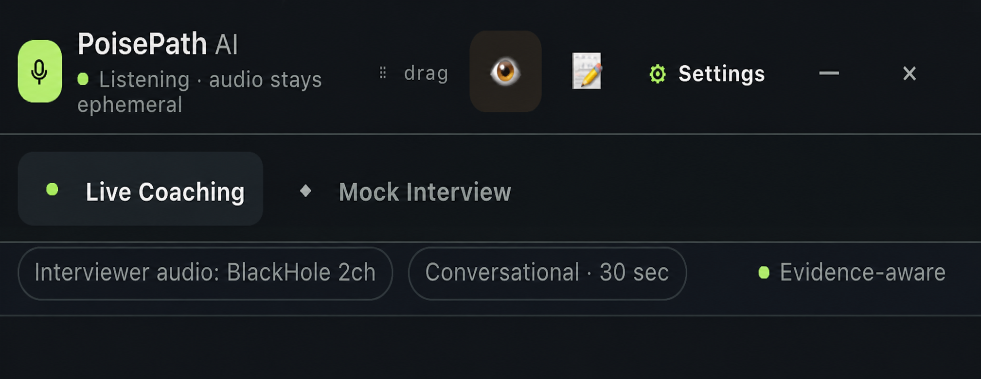 PoisePath Live Coaching with BlackHole 2ch selected as interviewer audio and active listening