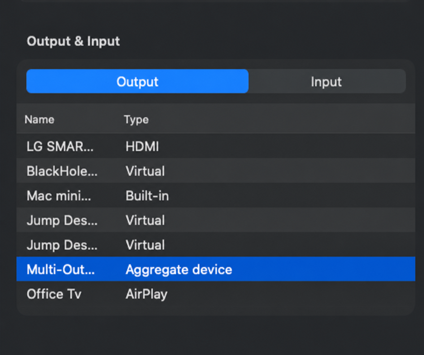 macOS Sound Output list with Multi-Output Device selected